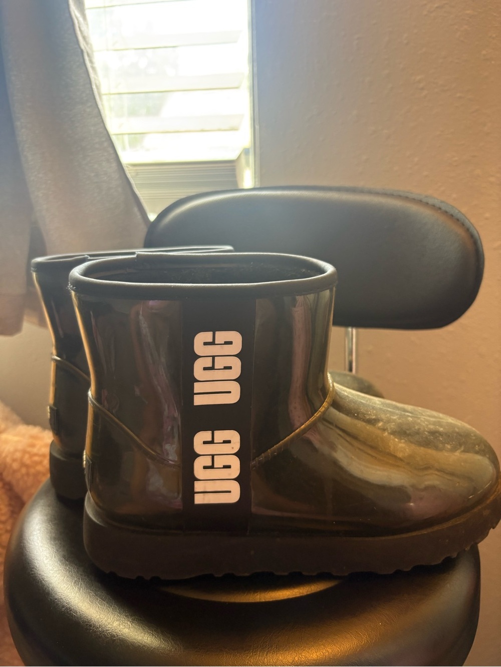 UGG Glossy Black Short Rain Boots with Side Logo